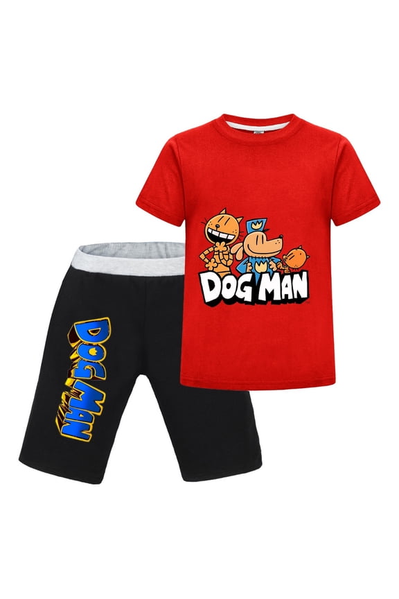 Dog Man & Cat Character Group Kids Outfit Set – Boys Girls Short-Sleeve Graphic T-Shirt and Shorts 2-Piece Cartoon Clothing for Summer Play, Sleepwear, or Casual Wear