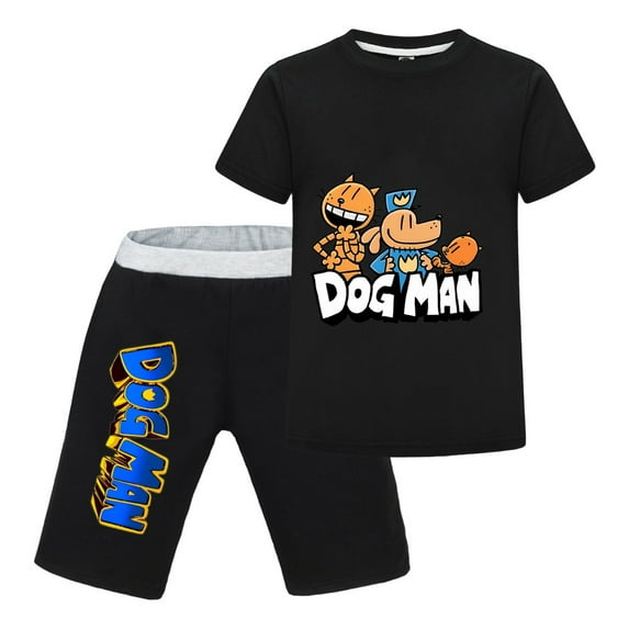 Dog Man & Cat Character Group Kids Outfit Set – Boys Girls Short-Sleeve Graphic T-Shirt and Shorts 2-Piece Cartoon Clothing for Summer Play, Sleepwear, or Casual Wear