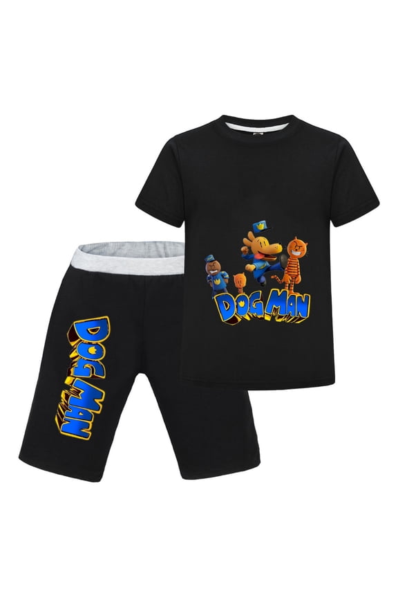 Dog Man & Cat Friends Lineup Kids Outfit Set – Boys Girls Short-Sleeve Graphic T-Shirt and Shorts 2-Piece Cartoon Clothing for Summer Play, Sleepwear, or Casual Wear