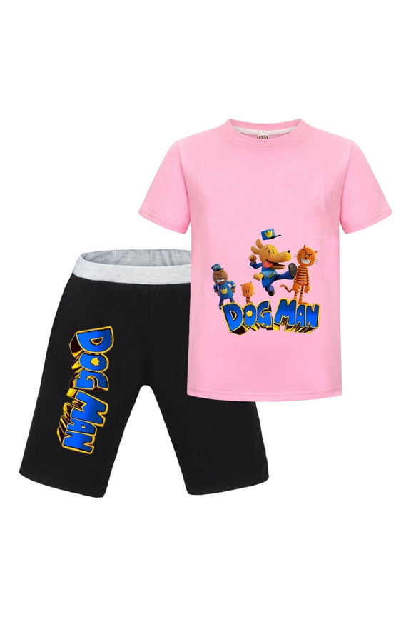 Dog Man & Cat Friends Lineup Kids Outfit Set – Boys Girls Short-Sleeve Graphic T-Shirt and Shorts 2-Piece Cartoon Clothing for Summer Play, Sleepwear, or Casual Wear
