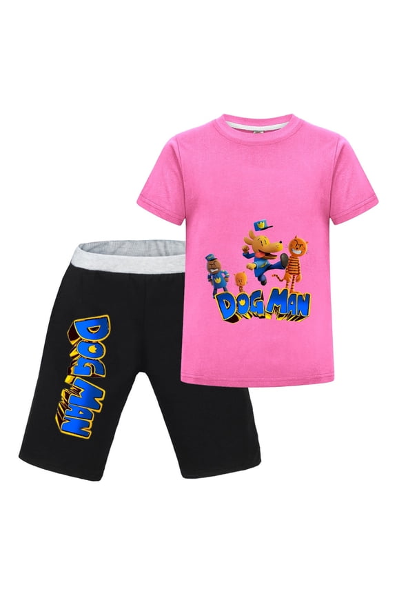 Dog Man & Cat Friends Lineup Kids Outfit Set – Boys Girls Short-Sleeve Graphic T-Shirt and Shorts 2-Piece Cartoon Clothing for Summer Play, Sleepwear, or Casual Wear