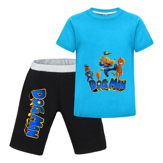 Dog Man & Cat Friends Lineup Kids Outfit Set – Boys Girls Short-Sleeve Graphic T-Shirt and Shorts 2-Piece Cartoon Clothing for Summer Play, Sleepwear, or Casual Wear
