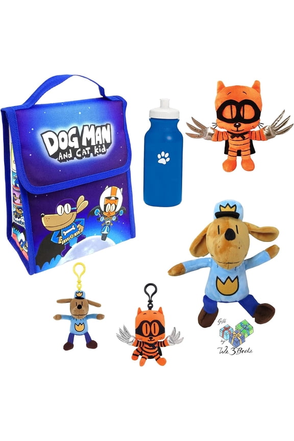 Dog Man Cat Kid Dav Pilkey Back To School Set V3 - Large Insulated Lunch Bag, Dog Man Plush and Backpack Pull, Cat Kid Plush and Backpack Pull, and Water Bottle
