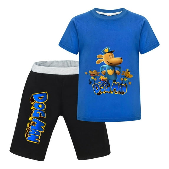 Dog Man Character Lineup Graphic Kids Outfit Set – Boys Girls Short-Sleeve Graphic T-Shirt and Shorts 2-Piece Cartoon Clothing for Summer Play, Sleepwear, or Casual Wear