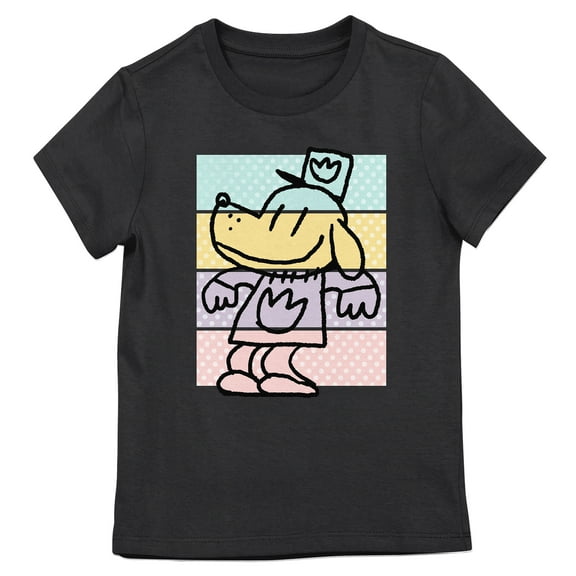 Dog Man Character Outline Youth Girl's Black Crew Neck Short Sleeve T-shirt-Medium