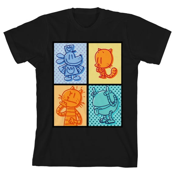 Dog Man Character Squares Youth Black Crew Neck Short Sleeve T-shirt-Large