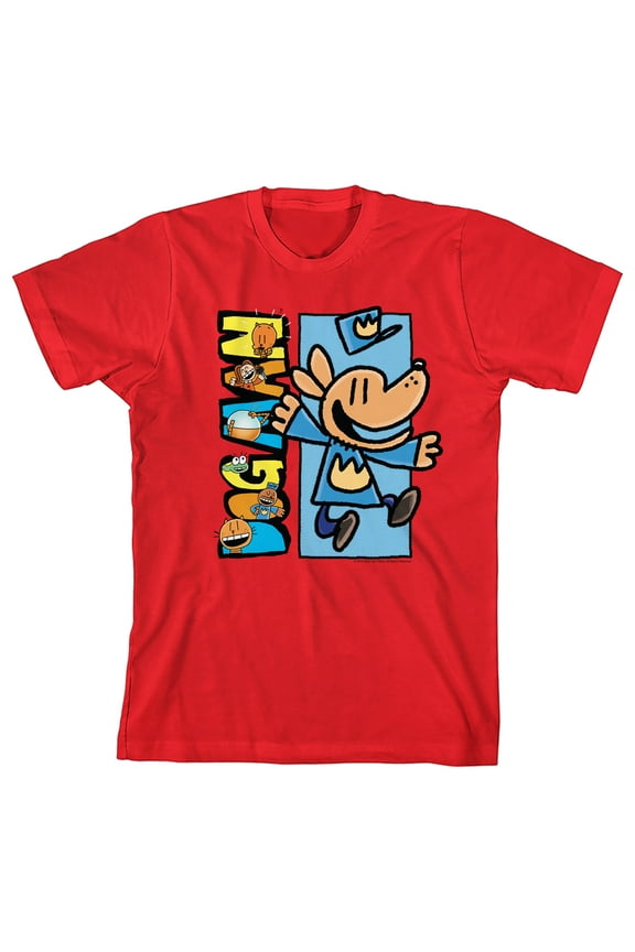 Dog Man Characters Inside Logo Youth Red Crew Neck Short Sleeve T-shirt -Medium