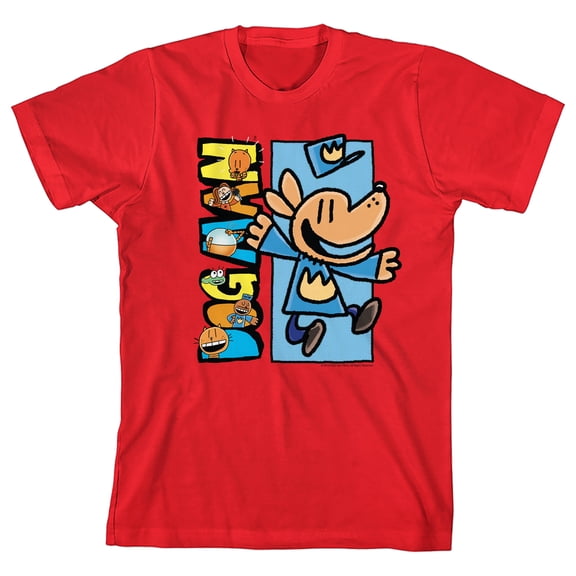 Dog Man Characters Inside Logo Youth Red Crew Neck Short Sleeve T-shirt -Medium