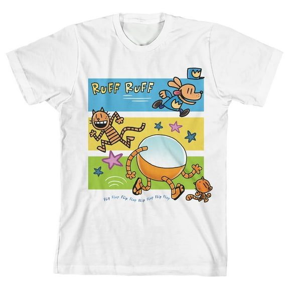 Dog Man Characters Running Crew Neck Short Sleeve Youth White T-shirt-Medium