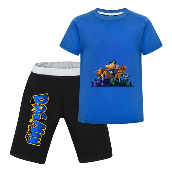 Dog Man City Scene Night View Kids Outfit Set – Boys Girls Short-Sleeve Graphic T-Shirt and Shorts 2-Piece Cartoon Clothing for Summer Play, Sleepwear, or Casual Wear