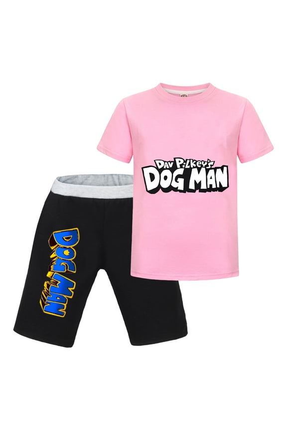 Dog Man Comic Character Kids Outfit Set – Boys Girls Short-Sleeve Graphic T-Shirt and Shorts 2-Piece Cartoon Clothing for Summer Play, Sleepwear, or Casual Wear