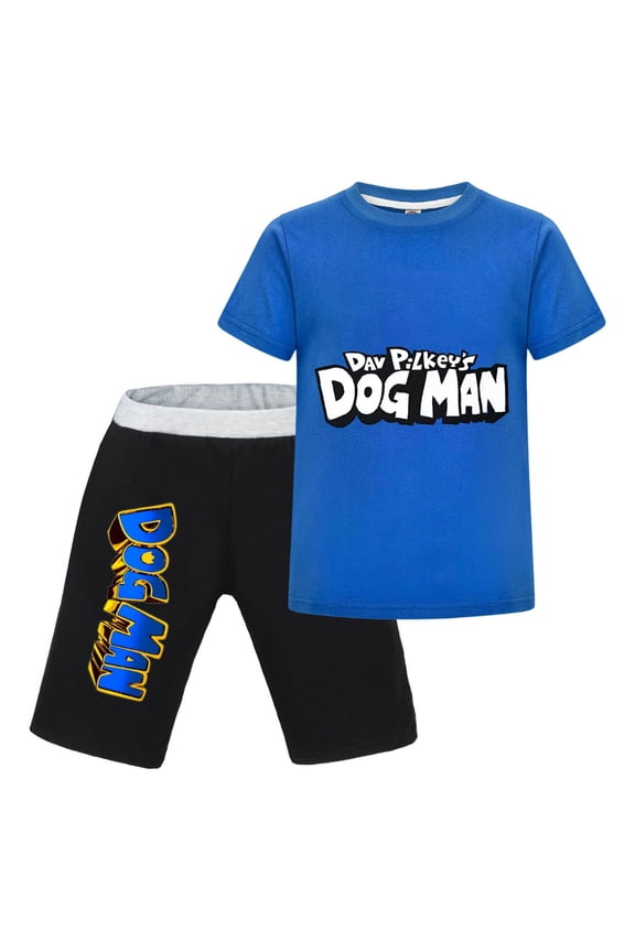 Dog Man Comic Character Kids Outfit Set – Boys Girls Short-Sleeve Graphic T-Shirt and Shorts 2-Piece Cartoon Clothing for Summer Play, Sleepwear, or Casual Wear