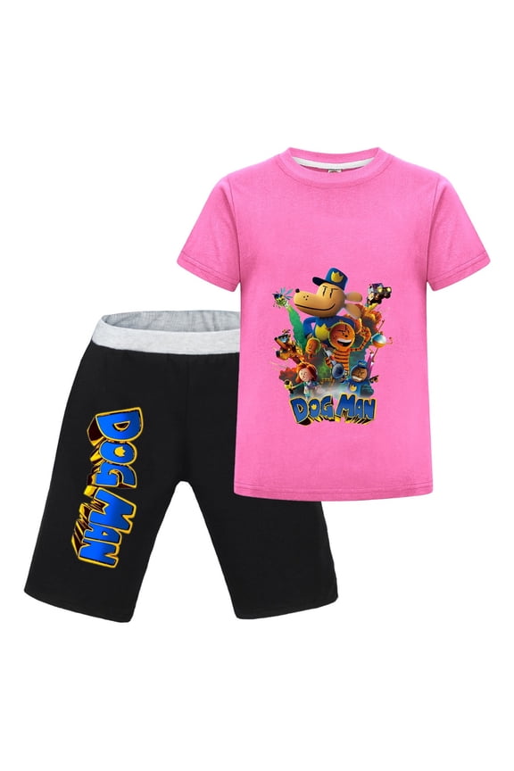 Dog Man Comic Explosion Print Kids Outfit Set – Boys Girls Short-Sleeve Graphic T-Shirt and Shorts 2-Piece Cartoon Clothing for Summer Play, Sleepwear, or Casual Wear