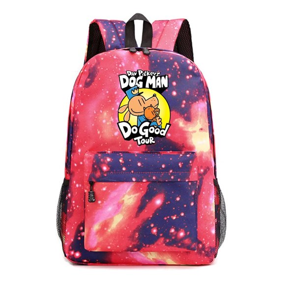Dog Man Cosmic Red Backpack, Nebula Galaxy Design Anime Style Laptop Bag for Students and Everyday Travel