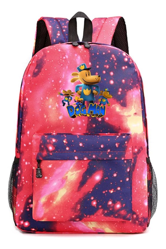 Dog Man Cosmic Red Galaxy Daypack, Lightweight Anime Backpack with Nebula Print for School and Teens