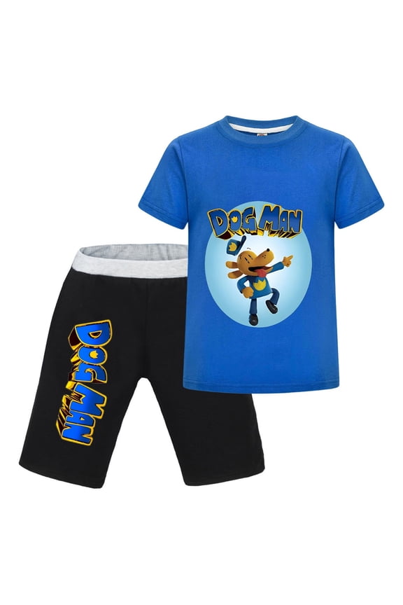 Dog Man Flying Hero Pose Kids Outfit Set – Boys Girls Short-Sleeve Graphic T-Shirt and Shorts 2-Piece Cartoon Clothing for Summer Play, Sleepwear, or Casual Wear