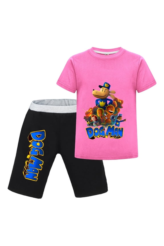 Dog Man & Friends 3D Animation Style Kids Outfit Set – Boys Girls Short-Sleeve Graphic T-Shirt and Shorts 2-Piece Cartoon Clothing for Summer Play, Sleepwear, or Casual Wear