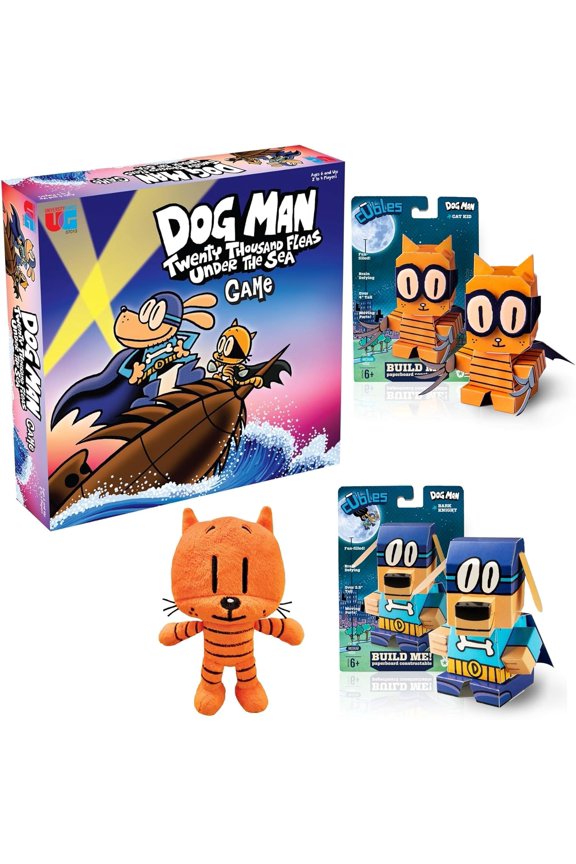Dog Man and Friends Dav Pilkey Gift Set includes Lil Petey Plush Book Character, Cubles Bark Knight and Cat Kid STEM Paper Craft Collectibles, and Dog Man Twenty Thousand Fleas Under the Sea Game
