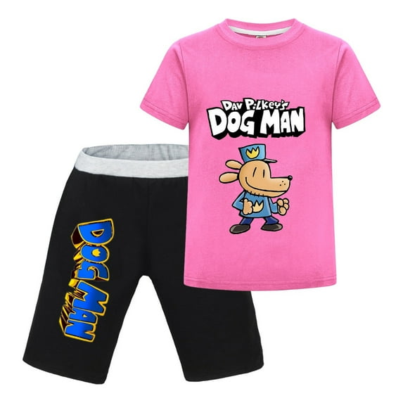 Dog Man Full Body Uniform Design Kids Outfit Set – Boys Girls Short-Sleeve Graphic T-Shirt and Shorts 2-Piece Cartoon Clothing for Summer Play, Sleepwear, or Casual Wear