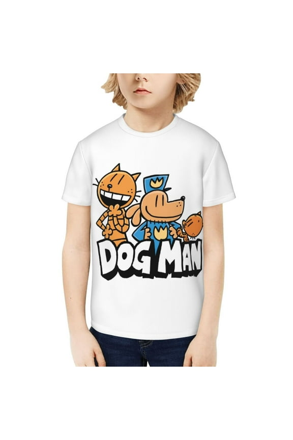 Dog Man Funny 3D Printed Graphic Tee, Lightweight T-Shirts for Boys Girls, Novelty Crew Neck Short Sleeve Tops for Kids