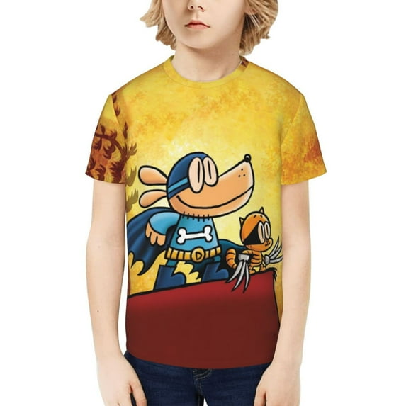 Dog Man Funny 3D Printed Graphic Tee, Lightweight T-Shirts for Boys Girls, Novelty Crew Neck Short Sleeve Tops for Kids