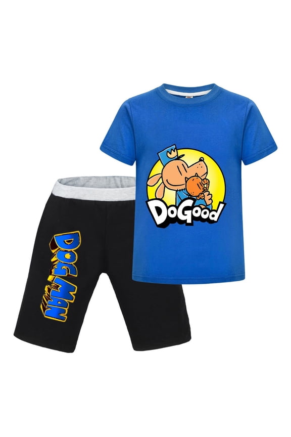 Dog Man Do Good Pose Kids Outfit Set – Boys Girls Short-Sleeve Graphic T-Shirt and Shorts 2-Piece Cartoon Clothing for Summer Play, Sleepwear, or Casual Wear