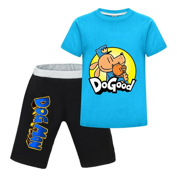 Dog Man Do Good Pose Kids Outfit Set – Boys Girls Short-Sleeve Graphic T-Shirt and Shorts 2-Piece Cartoon Clothing for Summer Play, Sleepwear, or Casual Wear