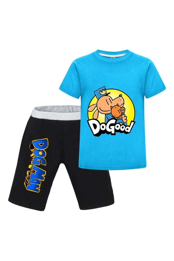 Dog Man Do Good Pose Kids Outfit Set – Boys Girls Short-Sleeve Graphic T-Shirt and Shorts 2-Piece Cartoon Clothing for Summer Play, Sleepwear, or Casual Wear