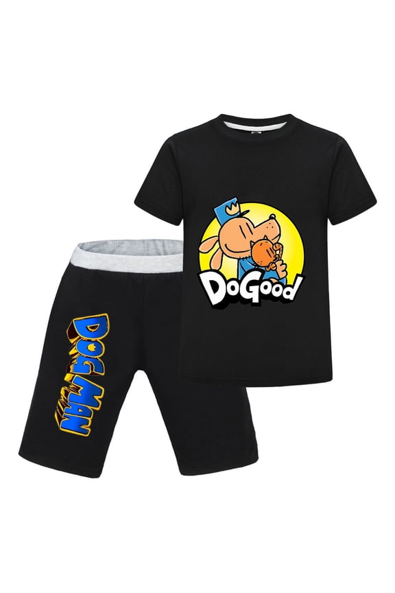 Dog Man Do Good Pose Kids Outfit Set – Boys Girls Short-Sleeve Graphic T-Shirt and Shorts 2-Piece Cartoon Clothing for Summer Play, Sleepwear, or Casual Wear