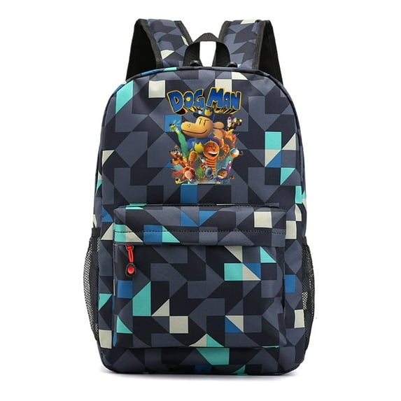 Dog Man Graphic Blue School Backpack, Geometric Pattern Anime Daypack with Laptop Space and Lightweight Feel