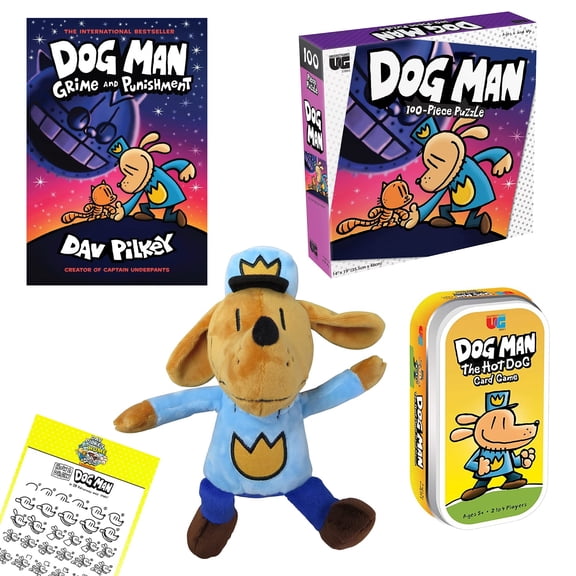 Dog Man Grime and Punishment Gift Set includes Hardcover Book #9 by Dav Pilkey, Dog Man Plush Book Character,Puzzle, Hot Dog Card Game, and How to Draw Dog Man Page
