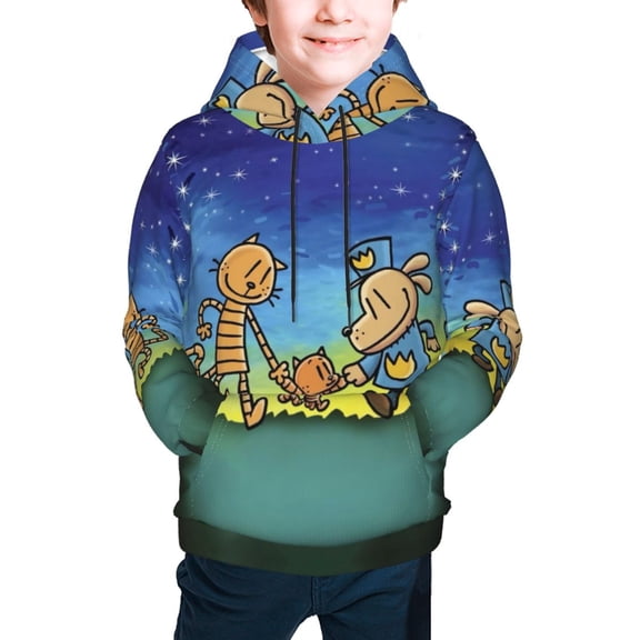 Dog Man Hoodies for Boys Girls Youth, Cartoon Long Sleeve Athletic Pullover Hooded Sweatshirts Tops with Pockets for Kids