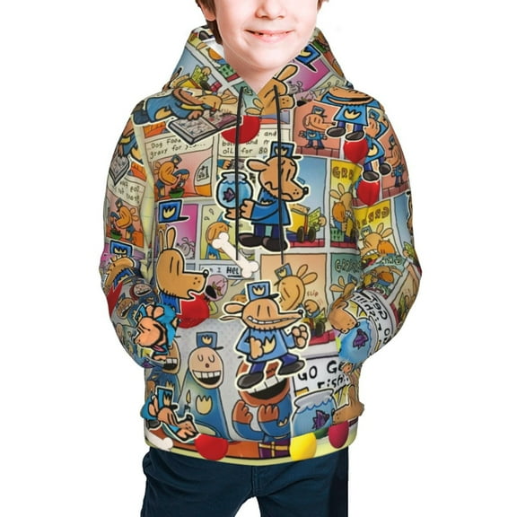 Dog Man Hoodies for Boys Girls Youth, Cartoon Long Sleeve Athletic Pullover Hooded Sweatshirts Tops with Pockets for Kids