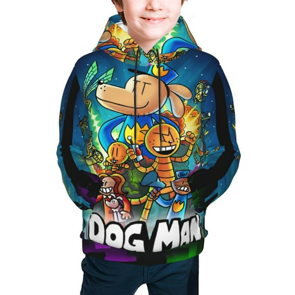 Dog Man Hoodies for Boys Girls Youth, Cartoon Long Sleeve Athletic Pullover Hooded Sweatshirts Tops with Pockets for Kids