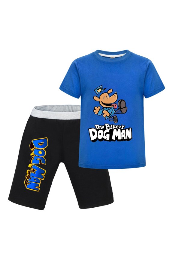 Dog Man Jumping Action Pose Kids Outfit Set – Boys Girls Short-Sleeve Graphic T-Shirt and Shorts 2-Piece Cartoon Clothing for Summer Play, Sleepwear, or Casual Wear
