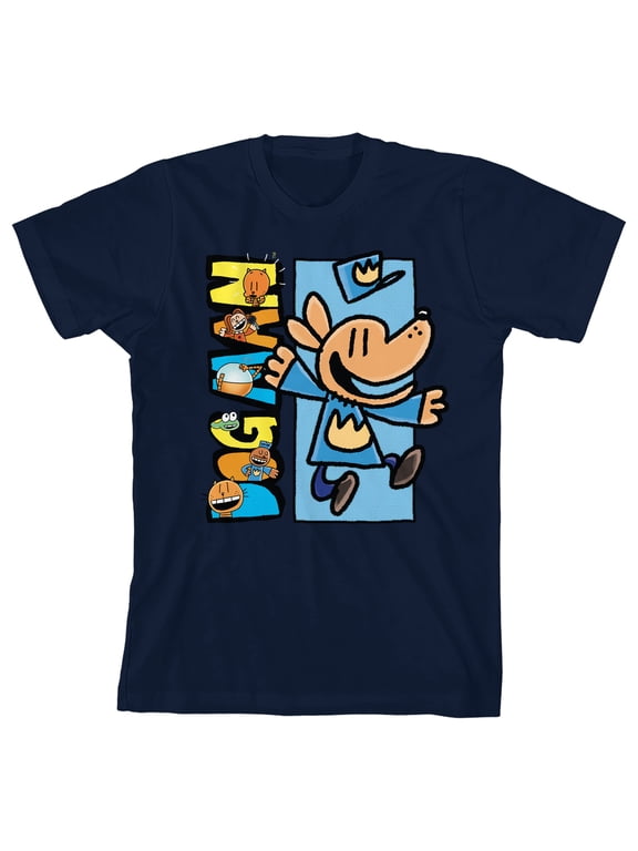 Dog Man Jumping Youth Navy Crew Neck Short Sleeve T-shirt-Large