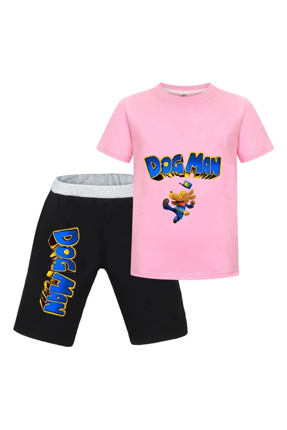 Dog Man Kicking Action Comic Pose Kids Outfit Set – Boys Girls Short-Sleeve Graphic T-Shirt and Shorts 2-Piece Cartoon Clothing for Summer Play, Sleepwear, or Casual Wear