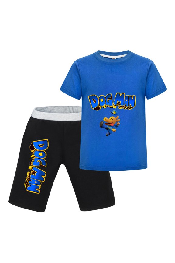 Dog Man Kicking Action Comic Pose Kids Outfit Set – Boys Girls Short-Sleeve Graphic T-Shirt and Shorts 2-Piece Cartoon Clothing for Summer Play, Sleepwear, or Casual Wear