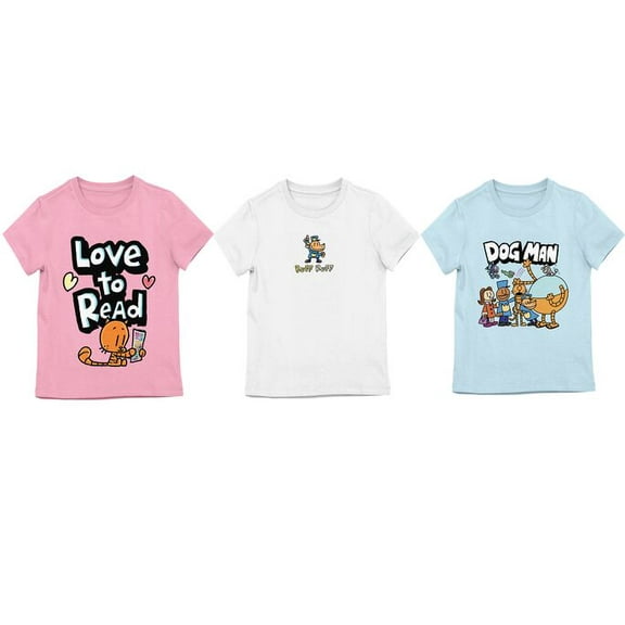 Dog Man Love To Read Ruff Ruff and Dogman Group Shot Girls 3-Pack Crew Neck Short Sleeve T-shirt-Small (6/7)