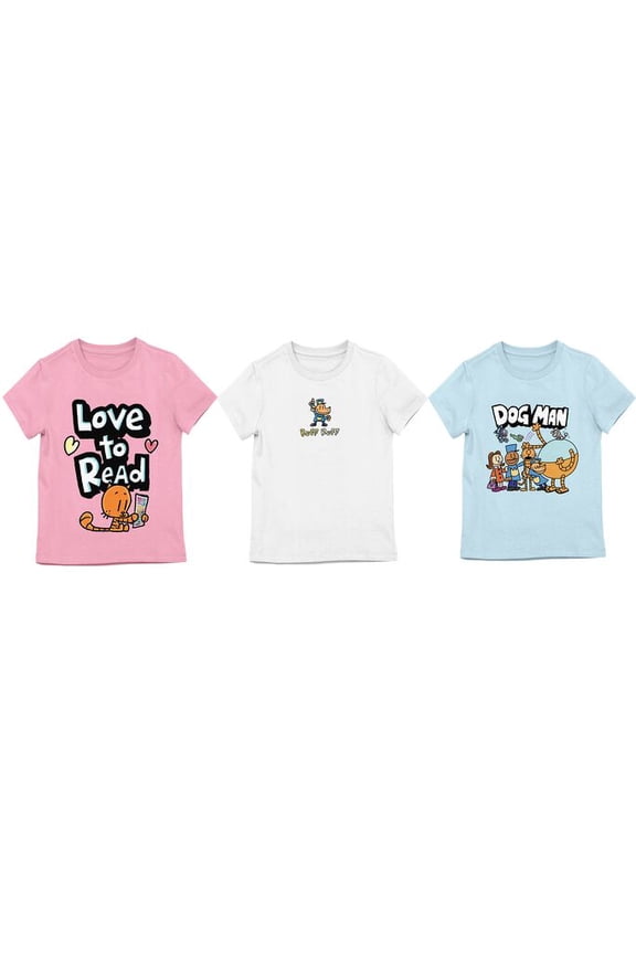 Dog Man Love To Read Ruff Ruff and Dogman Group Shot Girls 3-Pack Crew Neck Short Sleeve T-shirt-XS (4/5)