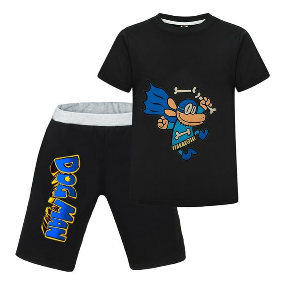 Dog Man Mask & Bones Costume Kids Outfit Set – Boys Girls Short-Sleeve Graphic T-Shirt and Shorts 2-Piece Cartoon Clothing for Summer Play, Sleepwear, or Casual Wear