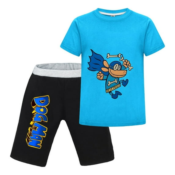 Dog Man Mask & Bones Costume Kids Outfit Set – Boys Girls Short-Sleeve Graphic T-Shirt and Shorts 2-Piece Cartoon Clothing for Summer Play, Sleepwear, or Casual Wear