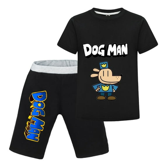 Dog Man Minimal Comic Outline Kids Outfit Set – Boys Girls Short-Sleeve Graphic T-Shirt and Shorts 2-Piece Cartoon Clothing for Summer Play, Sleepwear, or Casual Wear
