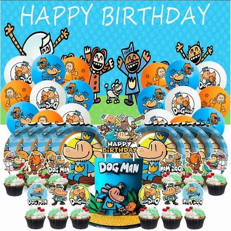 Dog Man Party Decorations Plates Tableware Banner Backdrop Balloons Birthday Decor Cake Topper Fans