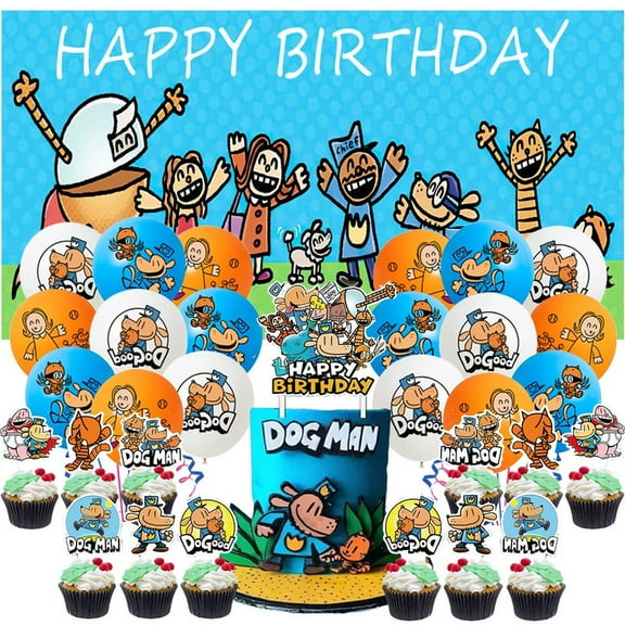 Dog Man Party Decorations Set Kit Latex Balloons Birthday Decor Cake Topper Fans Banner Backdrop