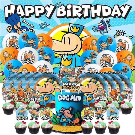 Dog Man Party Supplies for Boy Decorations Paper Plates Tableware Balloons Birthday Decor Cake Topper Fans Banner Backdrop