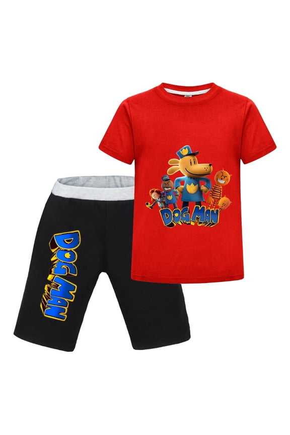 Dog Man Smiling Group Artwork Kids Outfit Set – Boys Girls Short-Sleeve Graphic T-Shirt and Shorts 2-Piece Cartoon Clothing for Summer Play, Sleepwear, or Casual Wear