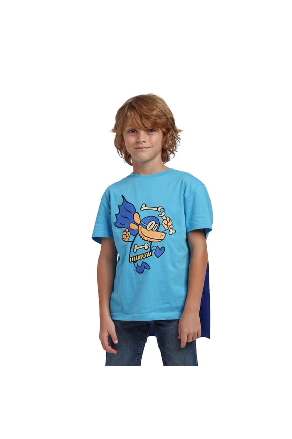 Dog Man Superhero Costume Boy's Blue Crew Neck Short Sleeve T-shirt With Detachable Cape 6/7 (S)