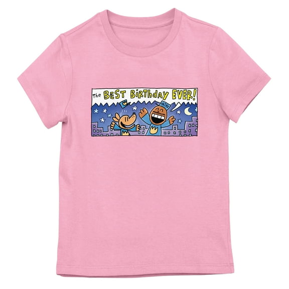 Dog Man "The Best Birthday Ever!" Comic Strip Youth Girl Pink Short Sleeve Tee-Medium
