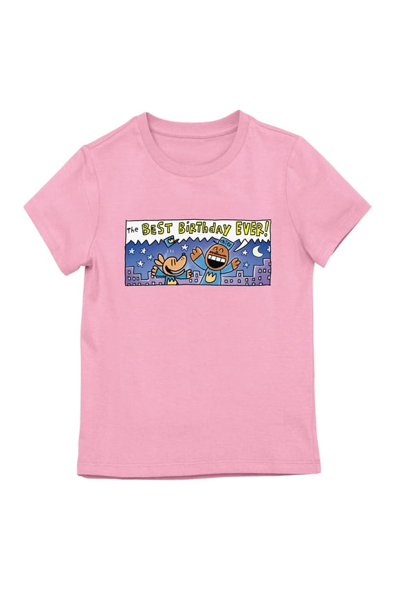 Dog Man "The Best Birthday Ever!" Comic Strip Youth Girl Pink Short Sleeve Tee-Medium